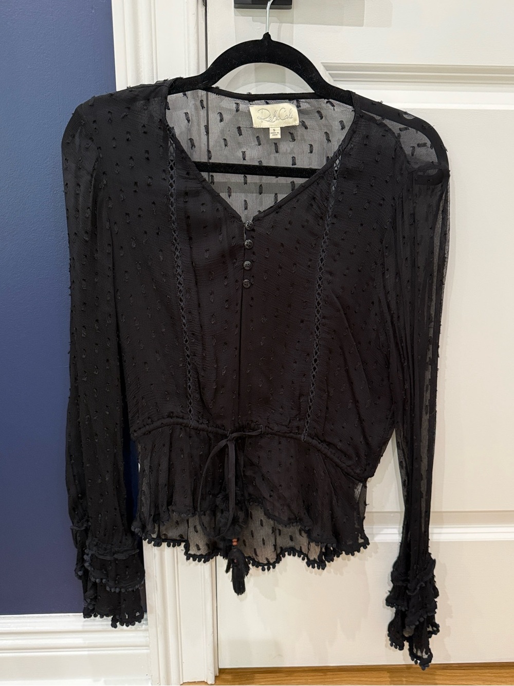 Rahi Cali Black Swiss Dot Sheer Peplum Blouse with Ties